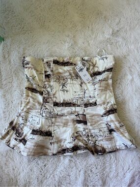 Abercrombie & Fitch Cream and Brown Printed Peplum Strapless Top